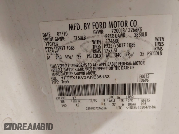 2010 Ford F-150 XL with VIN 1FTFX1EV3AKE35133, listed as a IAAI auction lot 41388457 with 275,660 mi miles and . Bid and sale history available at DreamBid. Image 9.