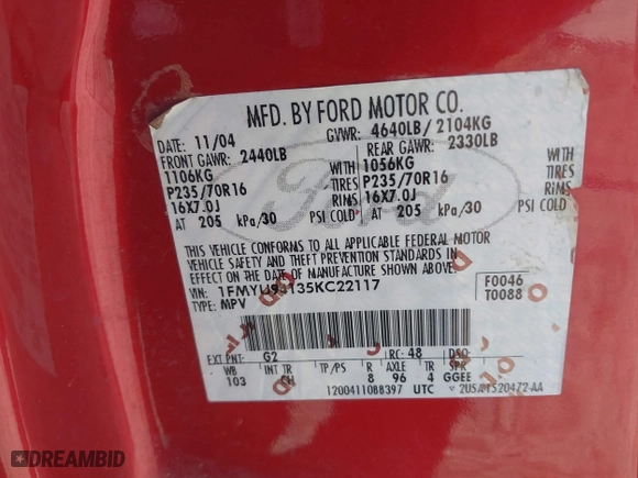 2005 Ford Escape Limited with VIN 1FMYU94135KC22117, listed as a IAAI auction lot 41441590 with 238,811 mi miles. Bid and sale history available at carsss.com. Image 9.