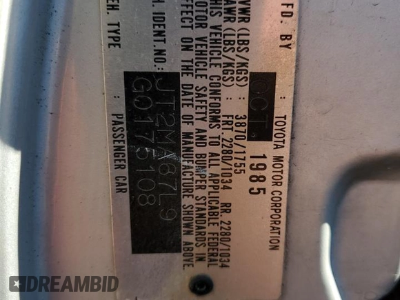 1986 Toyota Supra z VIN JT2MA67L9G0175108, wystawiony jako Copart lot #80793984 z przebiegiem 158 959 mil mil oraz Szkoda całkowita • Salvage title. Historia ofert i sprzedaży dostępna na DreamBid. Obrazek 12.