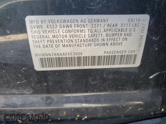 2010 Volkswagen CC Sport with VIN WVWNN7ANXAE553026, listed as a Copart auction lot 81978474 with 0 mi miles and Salvage Title. Bid and sale history available at carsss.com. Image 14.