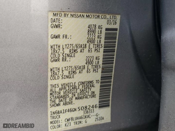 2016 Nissan Titan XD PRO-4X with VIN 1N6BA1F46GN508246, listed as a Copart auction lot 51699095 with 146,135 mi miles and Salvage Title. Bid and sale history available at carsss.com. Image 12.