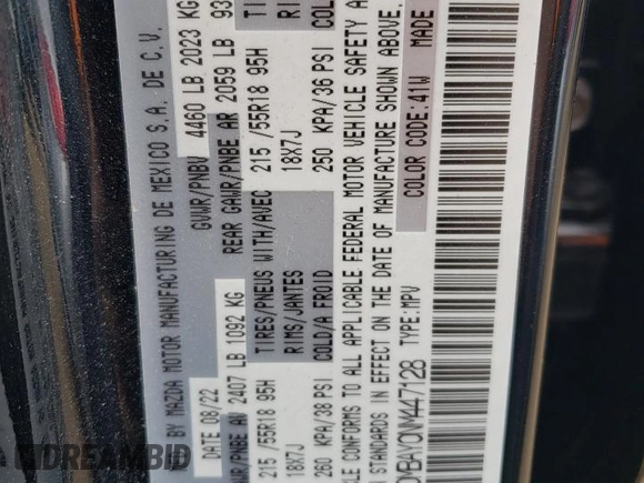2022 Mazda CX-30 2.5 Turbo with VIN 3MVDMBAY0NM447128, listed as a Copart auction lot 54007924 with 10,596 mi miles and Salvage Title. Bid and sale history available at DreamBid. Image 12.