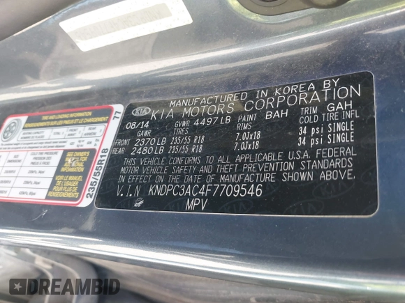 2015 Kia Sportage EX with VIN KNDPC3AC4F7709546, listed as a IAAI auction lot 40968676 with 129,743 mi miles and . Bid and sale history available at DreamBid. Image 9.