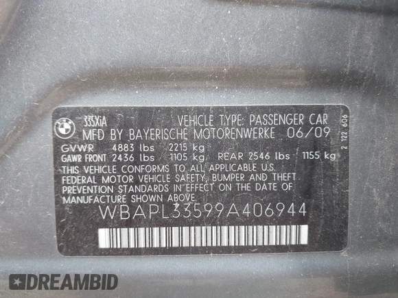 2009 BMW 3 Series 335i xDrive with VIN WBAPL33599A406944, listed as a IAAI auction lot 42426277 with 196,297 mi miles and . Bid and sale history available at DreamBid. Image 9.