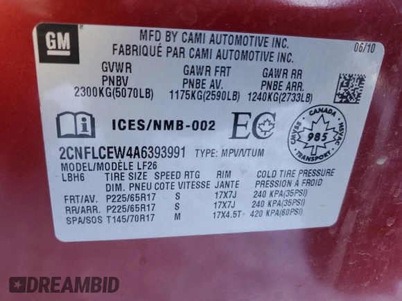 2010 Chevrolet Equinox LS with VIN 2CNFLCEW4A6393991, listed as a Copart auction lot 47585925 with 178,245 mi miles and Salvage Title. Bid and sale history available at carsss.com. Image 14.