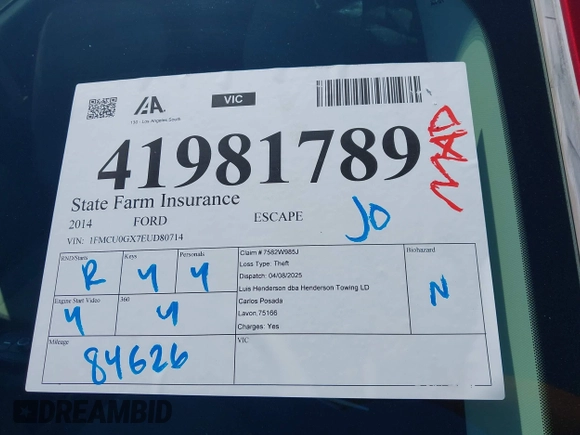 2014 Ford Escape SE with VIN 1FMCU0GX7EUD80714, listed as a IAAI auction lot 41981789 with 84,626 mi miles and . Bid and sale history available at DreamBid. Image 17.