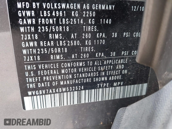 2011 Volkswagen Tiguan SE with VIN WVGBV7AX4BW532524, listed as a IAAI auction lot 41757552 with 141,115 mi miles and . Bid and sale history available at DreamBid. Image 9.