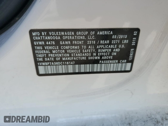 2013 Volkswagen Passat SE w/Sunroof with VIN 1VWBP7A36DC116147, listed as a Copart auction lot 50591345 with 172,814 mi miles and Salvage Title. Bid and sale history available at carsss.com. Image 12.