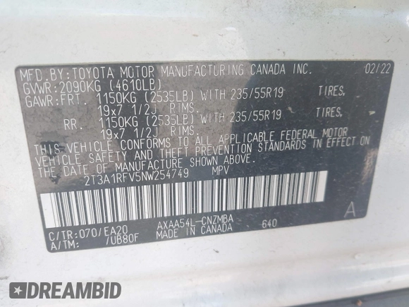 2022 Toyota RAV4 XLE Premium с VIN 2T3A1RFV5NW254749, выставлен на аукционе IAAI как лот 42458461 с пробегом 46 971 миль миль и . История ставок и продаж доступна на DreamBid. Изображение 9.