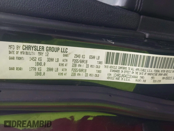 2012 Dodge Durango SXT with VIN 1C4RDJAG4CC314444, listed as a IAAI auction lot 42535630 with 205,494 mi miles and . Bid and sale history available at DreamBid. Image 9.
