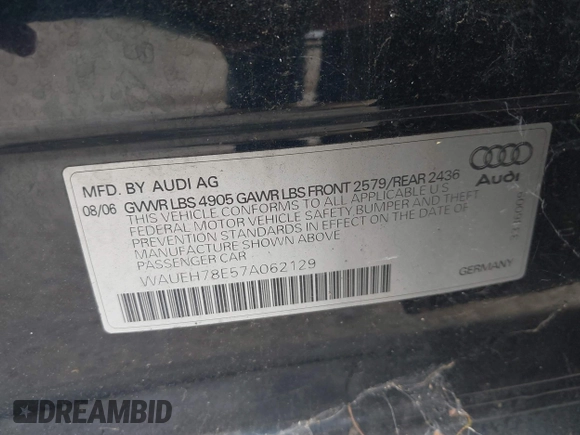 2007 Audi A4 z VIN WAUEH78E57A062129, wystawiony jako IAAI lot #42426196 z przebiegiem 165 157 mil mil oraz . Historia ofert i sprzedaży dostępna na DreamBid. Obrazek 9.