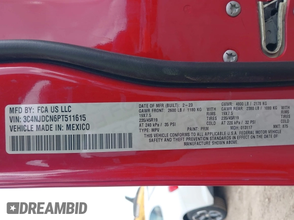2023 Jeep Compass (RED) Edition с VIN 3C4NJDCN6PT511615, выставлен на аукционе IAAI как лот 42439385 с пробегом 61 256 миль миль и . История ставок и продаж доступна на DreamBid. Изображение 9.
