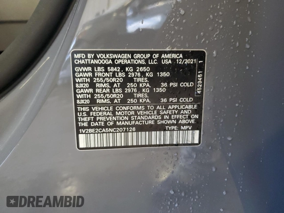 2022 Volkswagen Atlas SEL with VIN 1V2BE2CA5NC207126, listed as a Copart auction lot 56545445 with 49,296 mi miles and Salvage title. Bid and sale history available at DreamBid. Image 13.