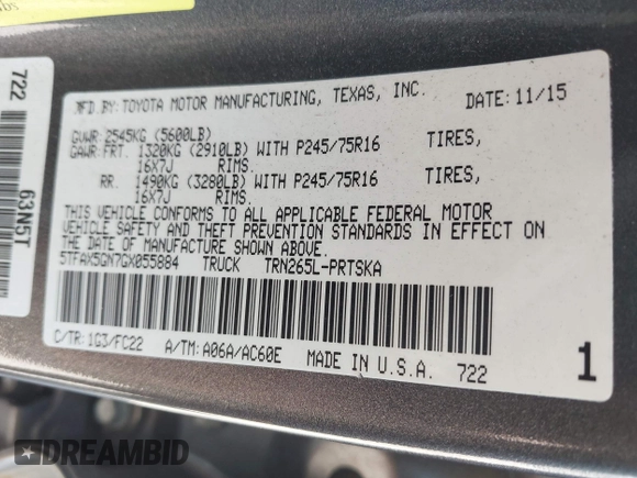 2016 Toyota Tacoma SR5 with VIN 5TFAX5GN7GX055884, listed as a IAAI auction lot 41943589 with 85,443 mi miles. Bid and sale history available at carsss.com. Image 9.