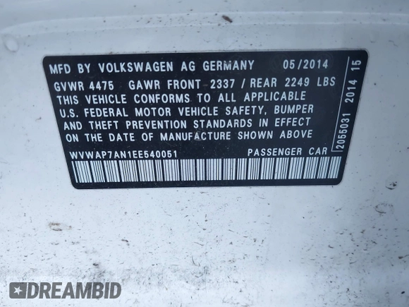 2014 Volkswagen CC Sport with VIN WVWAP7AN1EE540051, listed as a IAAI auction lot 41381933 with 54,896 mi miles. Bid and sale history available at carsss.com. Image 9.