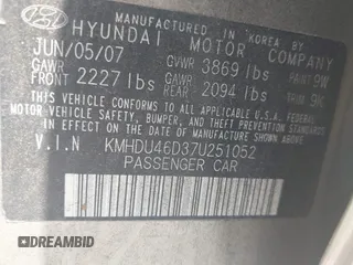2007 Hyundai Elantra GLS with VIN KMHDU46D37U251052, listed as a IAAI auction lot 42645905 with 171,628 mi miles and . Bid and sale history available at DreamBid. Image 9.