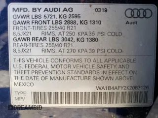 2019 Audi SQ5 Premium Plus with VIN WA1B4AFY2K2087126, listed as a Copart auction lot 44254124 with 36,275 mi miles and . Bid and sale history available at DreamBid. Image 13.
