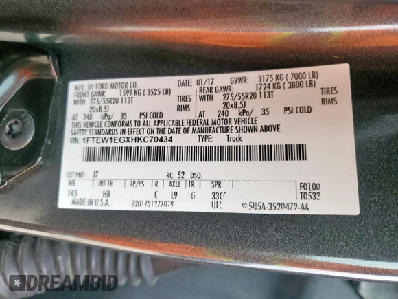 2017 Ford F-150 XL z VIN 1FTEW1EGXHKC70434, wystawiony jako Copart lot #59871775 z przebiegiem 146 413 mil mil oraz Czysty tytuł • Clean title. Historia ofert i sprzedaży dostępna na DreamBid. Obrazek 12.