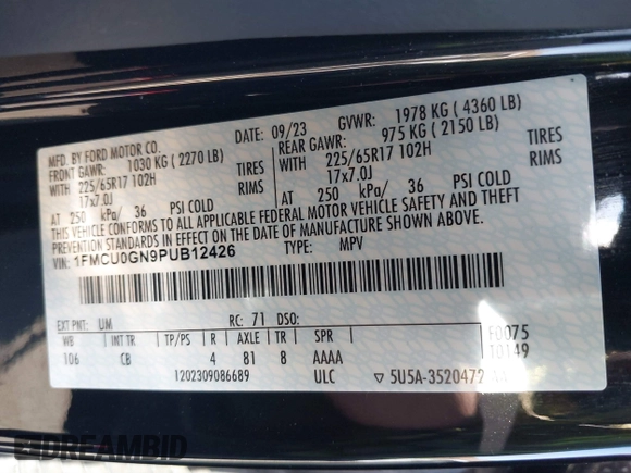 2023 Ford Escape Active with VIN 1FMCU0GN9PUB12426, listed as a IAAI auction lot 41859164 with 12,497 mi miles and . Bid and sale history available at DreamBid. Image 9.