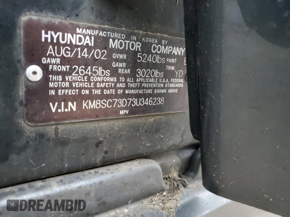2003 Hyundai Santa Fe GLS with VIN KM8SC73D73U346238, listed as a Copart auction lot 54145655 with 189,988 mi miles and Clean Title. Bid and sale history available at carsss.com. Image 12.