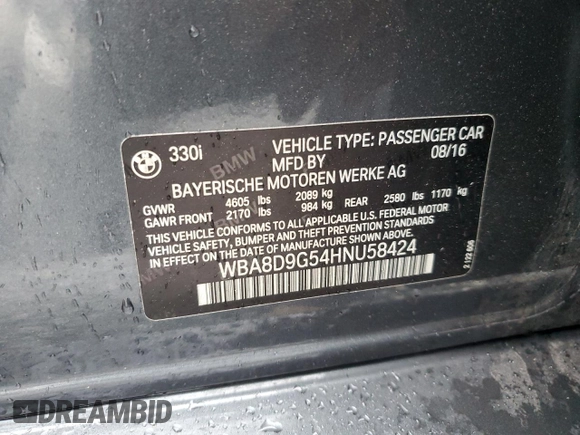 2017 BMW 3 Series 330i xDrive with VIN WBA8D9G54HNU58424, listed as a Copart auction lot 46300085 with 84,171 mi miles and Salvage Title. Bid and sale history available at carsss.com. Image 14.