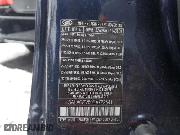2014 Land Rover LR4 HSE with VIN SALAG2V60EA722541, listed as a Copart auction lot 84387474 with 106,845 mi miles and Salvage Title. Bid and sale history available at DreamBid. Image 13.