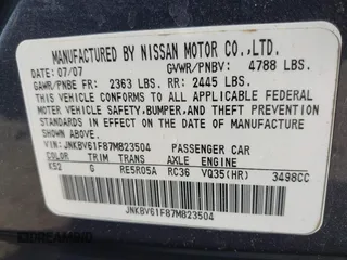 2007 Infiniti G35 Sedan G35x with VIN JNKBV61F87M823504, listed as a IAAI auction lot 42166411 with 182,250 mi miles. Bid and sale history available at carsss.com. Image 9.
