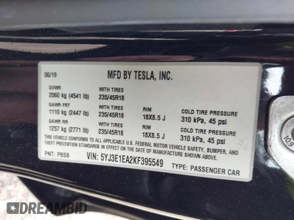 2019 Tesla Model 3 Mid Range with VIN 5YJ3E1EA2KF395549, listed as a IAAI auction lot 41895977 with 97,108 mi miles and . Bid and sale history available at carsss.com. Image 9.