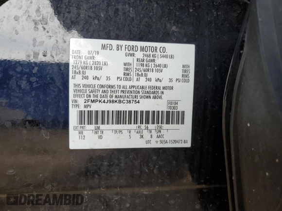2019 Ford Edge SEL with VIN 2FMPK4J98KBC38754, listed as a Copart auction lot 48116955 with 76,369 mi miles and Salvage Title. Bid and sale history available at carsss.com. Image 16.