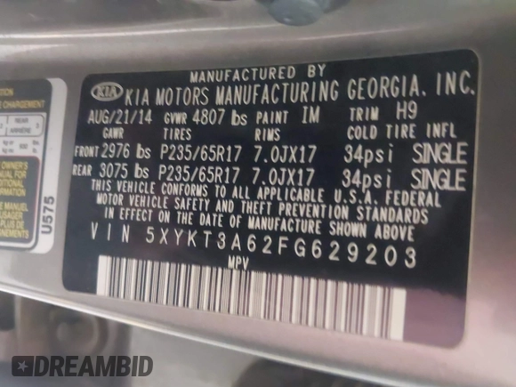 2015 Kia Sorento LX with VIN 5XYKT3A62FG629203, listed as a IAAI auction lot 40448787 with 114,429 mi miles. Bid and sale history available at carsss.com. Image 9.