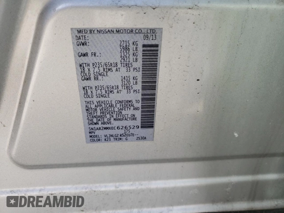 2014 Nissan Pathfinder S with VIN 5N1AR2MMXEC626529, listed as a Copart auction lot 47350415 with 139,696 mi miles and Clean title. Bid and sale history available at DreamBid. Image 13.