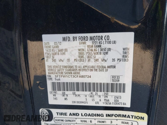 2012 Ford F-150 XL with VIN 1FTFW1CT3CFA80724, listed as a IAAI auction lot 41892848 with 203,530 mi miles. Bid and sale history available at carsss.com. Image 9.