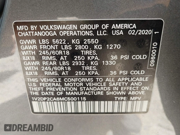 2021 Volkswagen Atlas SE with VIN 1V2DP2CA6MC500115, listed as a IAAI auction lot 42503213 with 49,898 mi miles and . Bid and sale history available at DreamBid. Image 9.