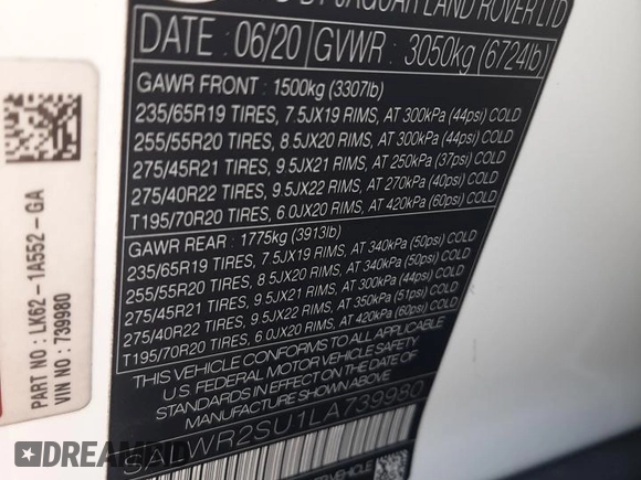 2020 Land Rover Range Rover Sport HSE с VIN SALWR2SU1LA739980, выставлен на аукционе Copart как лот 55117735 с пробегом 54 234 миль миль и Списание • Salvage title. История ставок и продаж доступна на DreamBid. Изображение 13.