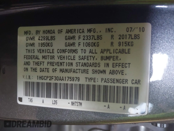 2010 Honda Accord LX with VIN 1HGCP2F30AA175979, listed as a IAAI auction lot 42440439 with 272,090 mi miles and . Bid and sale history available at DreamBid. Image 9.