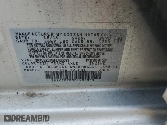 2015 Nissan Note S with VIN 3N1CE2CP5FL405093, listed as a Copart auction lot 54989115 with 129,031 mi miles and Salvage Title. Bid and sale history available at DreamBid. Image 12.