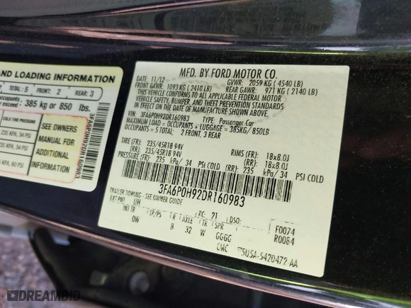2013 Ford Fusion SE with VIN 3FA6P0H92DR160983, listed as a IAAI auction lot 40765682 with NaN miles. Bid and sale history available at carsss.com. Image 9.
