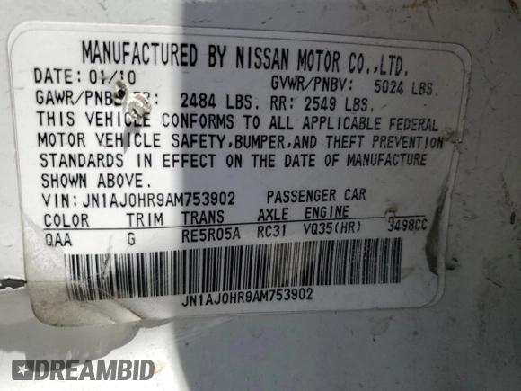 2010 Infiniti EX Journey with VIN JN1AJ0HR9AM753902, listed as a Copart auction lot 60212065 with 170,481 mi miles and Salvage title. Bid and sale history available at DreamBid. Image 14.