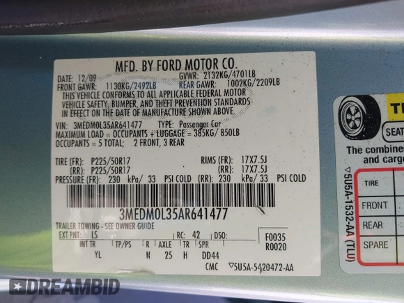 2010 Mercury Milan Hybrid with VIN 3MEDM0L35AR641477, listed as a IAAI auction lot 42443628 with 102,890 mi miles and . Bid and sale history available at DreamBid. Image 9.