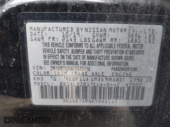 2019 Nissan Sentra SV with VIN 3N1AB7AP4KY445114, listed as a IAAI auction lot 41631664 with 57,095 mi miles and . Bid and sale history available at DreamBid. Image 9.