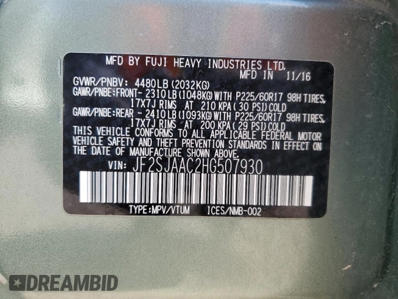 2017 Subaru Forester with VIN JF2SJAAC2HG507930, listed as a Copart auction lot 53103315 with 79,044 mi miles and Salvage title. Bid and sale history available at DreamBid. Image 14.