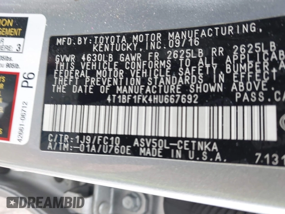 2017 Toyota Camry XLE z VIN 4T1BF1FK4HU667692, wystawiony jako IAAI lot #41789133 z przebiegiem 190 699 mil mil oraz . Historia ofert i sprzedaży dostępna na DreamBid. Obrazek 9.