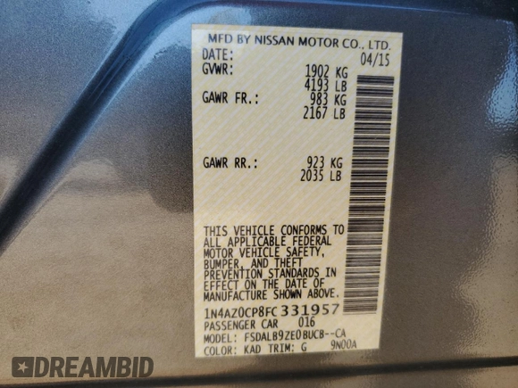2015 Nissan LEAF SV with VIN 1N4AZ0CP8FC331957, listed as a Copart auction lot 58844613 with 78,691 mi miles. Bid and sale history available at carsss.com. Image 12.