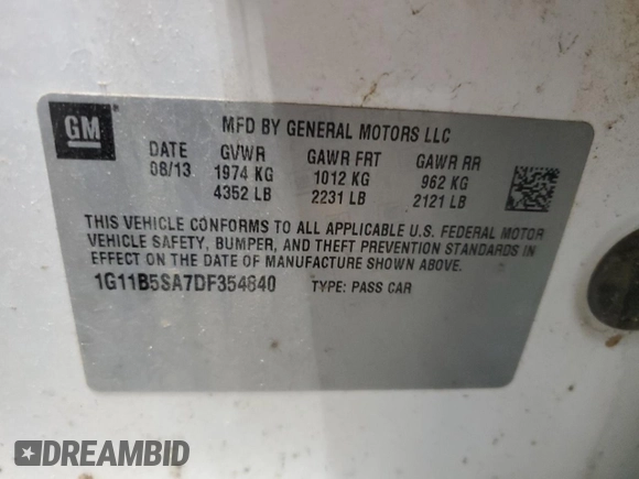 2013 Chevrolet Malibu LS with VIN 1G11B5SA7DF354840, listed as a Copart auction lot 77264114 with 81,858 mi miles and Clean Title. Bid and sale history available at DreamBid. Image 12.
