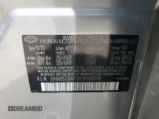 2020 Hyundai Santa Fe SE with VIN 5NMS23AD4LH248018, listed as a Copart auction lot 56416555 with 53,275 mi miles and Salvage title. Bid and sale history available at DreamBid. Image 14.