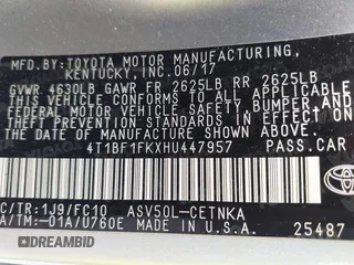 2017 Toyota Camry XLE with VIN 4T1BF1FKXHU447957, listed as a IAAI auction lot 42081934 with 106,269 mi miles. Bid and sale history available at carsss.com. Image 9.