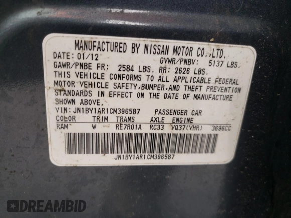 2012 Infiniti M37 with VIN JN1BY1AR1CM396587, listed as a Copart auction lot 52291185 with 145,794 mi miles and Salvage Title. Bid and sale history available at carsss.com. Image 14.