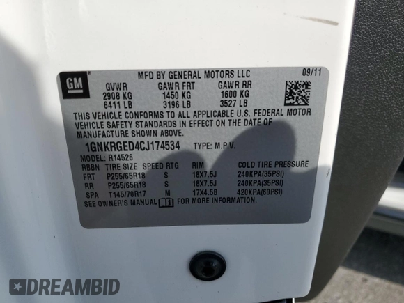 2012 Chevrolet Traverse 1LT with VIN 1GNKRGED4CJ174534, listed as a Copart auction lot 52045045 with 149,791 mi miles and Salvage Title. Bid and sale history available at DreamBid. Image 15.