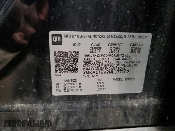 2022 GMC Terrain SLE with VIN 3GKALTEV2NL177102, listed as a Copart auction lot 63868325 with 148,608 mi miles and Clean title. Bid and sale history available at DreamBid. Image 13.
