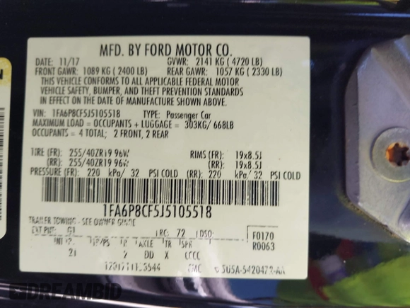 2018 Ford Mustang GT with VIN 1FA6P8CF5J5105518, listed as a IAAI auction lot 40641291 with 123,172 mi miles and . Bid and sale history available at DreamBid. Image 9.